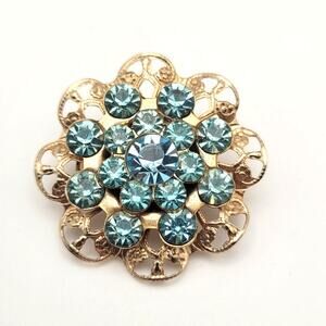 Vintage Brooch Blue Rhinestones Gold Toned Flower 1.25"